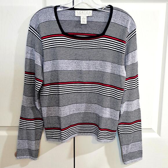 Norton McNaughton Womens Striped Sweater Preppy Casual Gray Black Red L - Picture 1 of 6